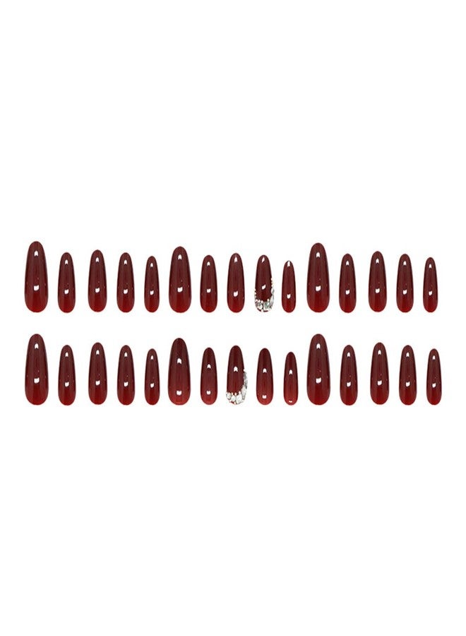 OSTTMA Dark Wine Red Press on Nails Almond Medium Fake Nails Elegant Wine Red False Nail with Diamond Rhinestones Gem Design Solid Color Acrylic Nail Reusable Glue on Nails for Women DIY Manicure,30Pcs - Image 5